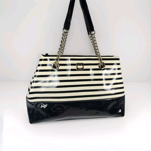 Kate Spade Montrose Elena Nautical Patent Leather Striped Bag Navy EUC - Picture 2 of 12